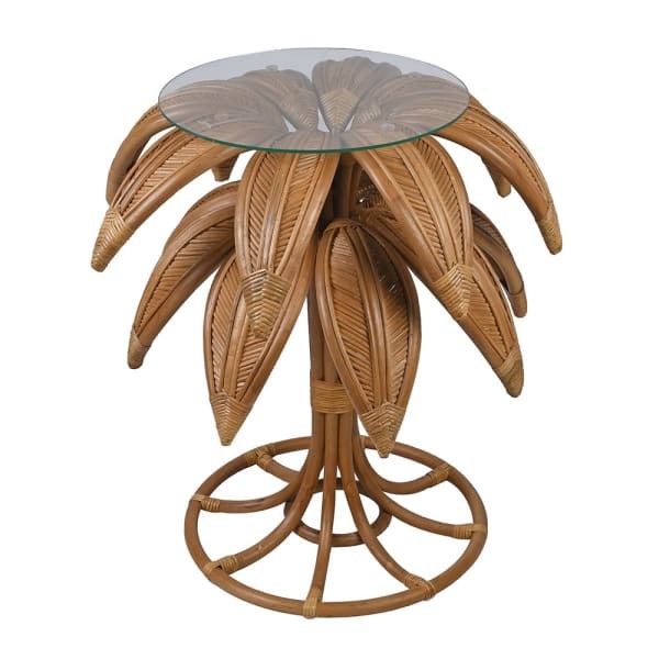 Stolik pomocniczy rattan motyw palmy 77 cm wysokości rattan szklany blat okrągły
