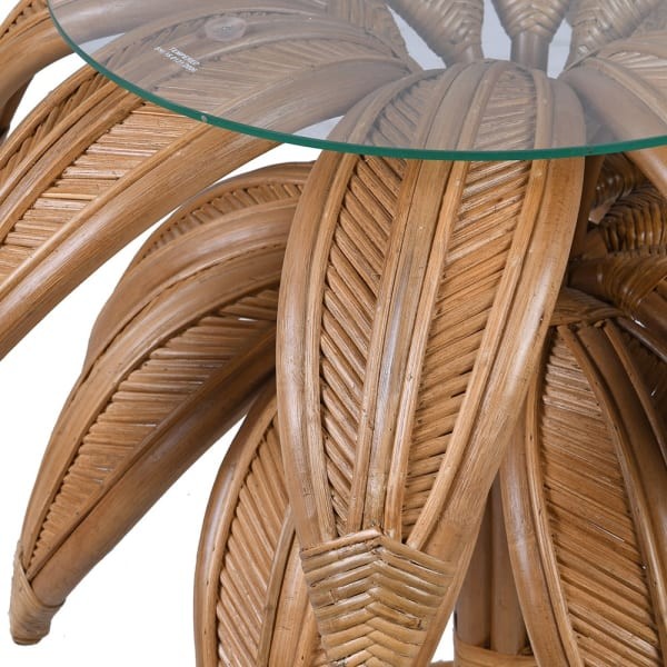 Stolik pomocniczy rattan motyw palmy 77 cm wysokości rattan szklany blat okrągły