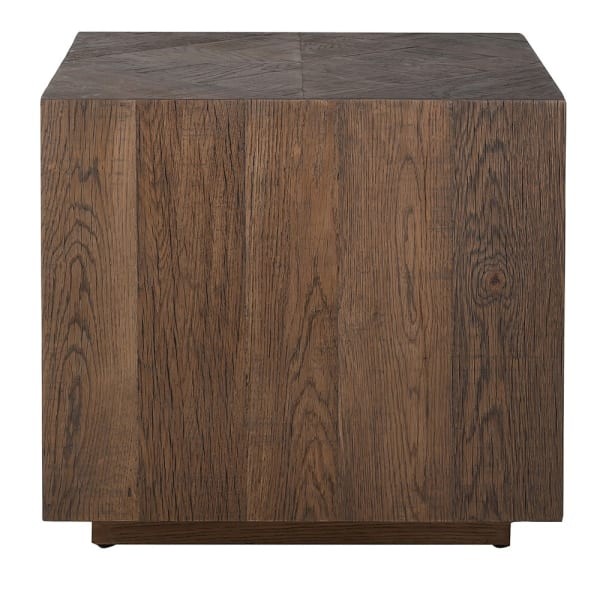 Kwadratowy stolik kawowy z dębu z odzysku, geometryczny wzór blatu