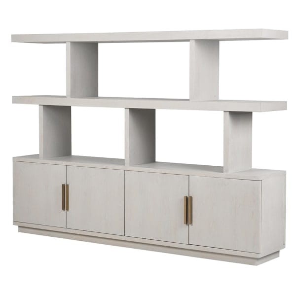 Regał na książki - biblioteczka Primrose 220 cm jasny dąb detale w kolorze miedzi regał z szafkami