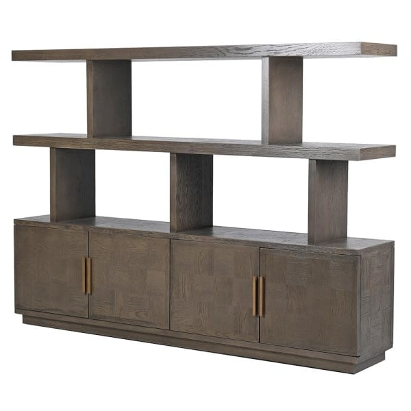 Regał na książki biblioteczka Camile Oak 220 cm dąb detale w kolorze miedzi regał z szafkami