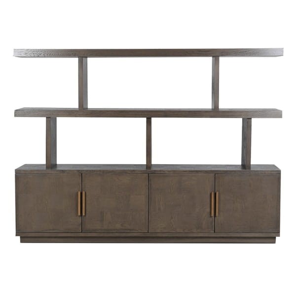 Regał dębowy z litego drewna Camile Oak z otwartymi półkami i zamykanymi szafkami