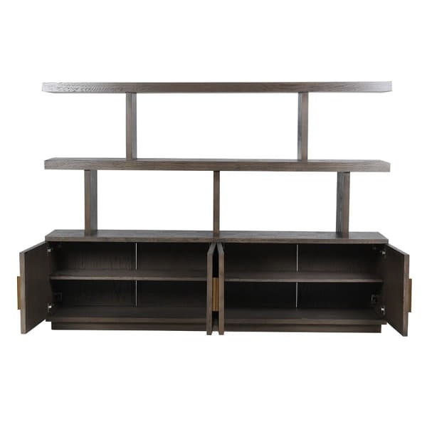 Detal biblioteczki Camile Oak z drewna dębowego – złote uchwyty i eleganckie wykończenie