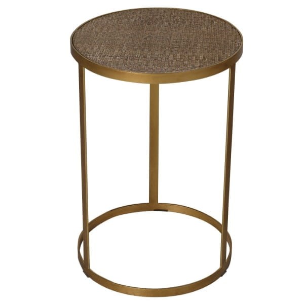 Dwa stoliki pomocnicze Rattan Gold 50 i 40 cm szkło i rattan złoty metal