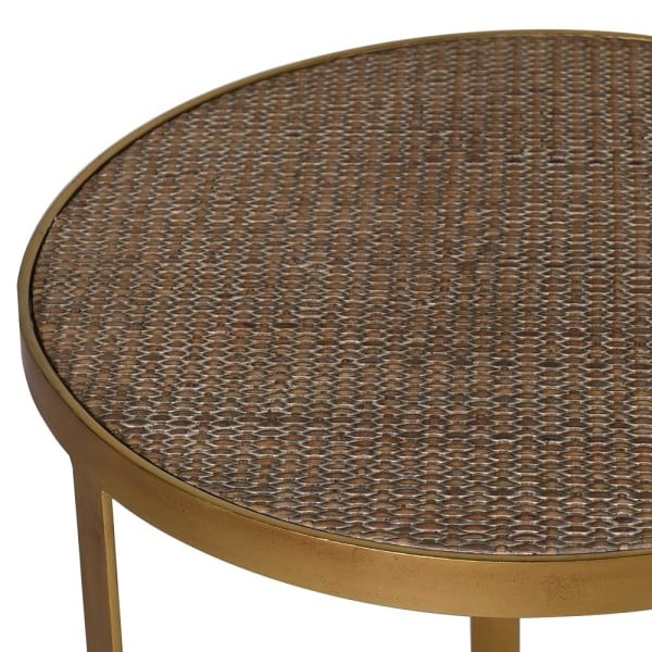 Dwa stoliki pomocnicze Rattan Gold 50 i 40 cm szkło i rattan złoty metal