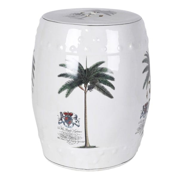 Stołek ceramiczny Palm 45 cm siedzisko biel zieleń motyw palmy