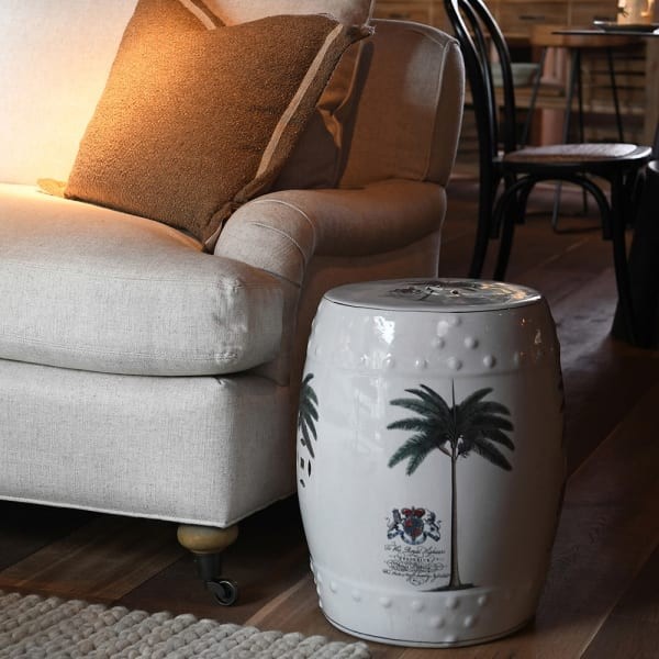 Stołek ceramiczny Palm 45 cm siedzisko biel zieleń motyw palmy