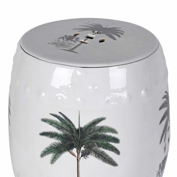 Stołek ceramiczny Palm 45 cm siedzisko biel zieleń motyw palmy