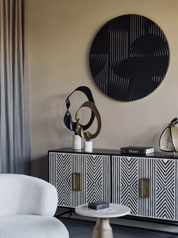 Czarny dysk na ścianę Bromley 90 cm średnicy obraz okrągły czerń zdobiona faktura drewno