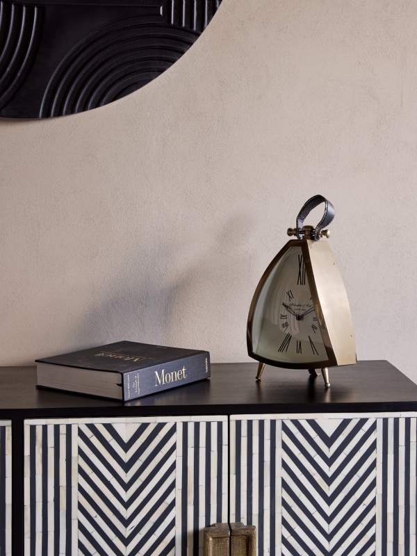 Zegar na biurko Eaton Brass 36 cm złoty zegar stojący mosiądz skóra