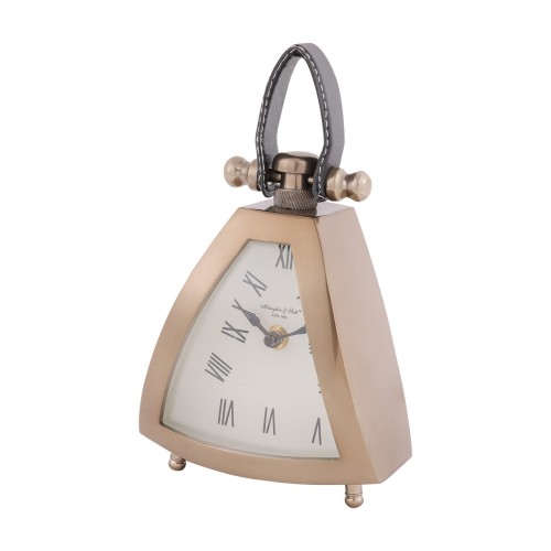 Zegar na biurko Eaton Brass S 18 cm – złoty zegar z rzymskimi cyframi i skórzanym uchwytem