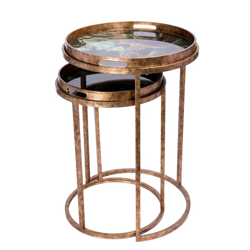 Dwa stoliki Leopard ze zdejmowanym blatem taca wykończone w kolorze starego złota