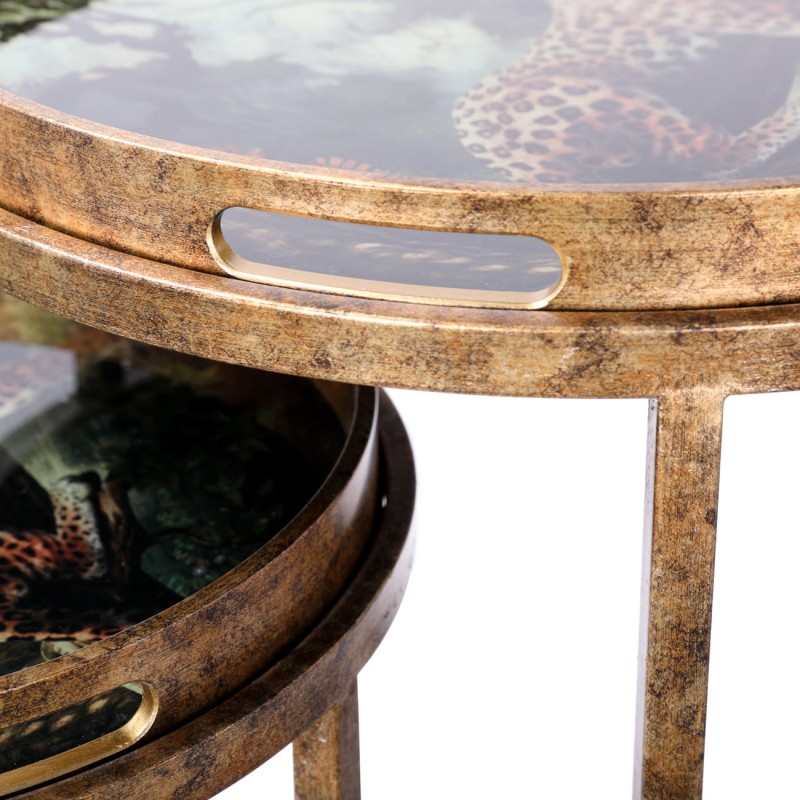 Dwa stoliki Leopard ze zdejmowanym blatem taca wykończone w kolorze starego złota