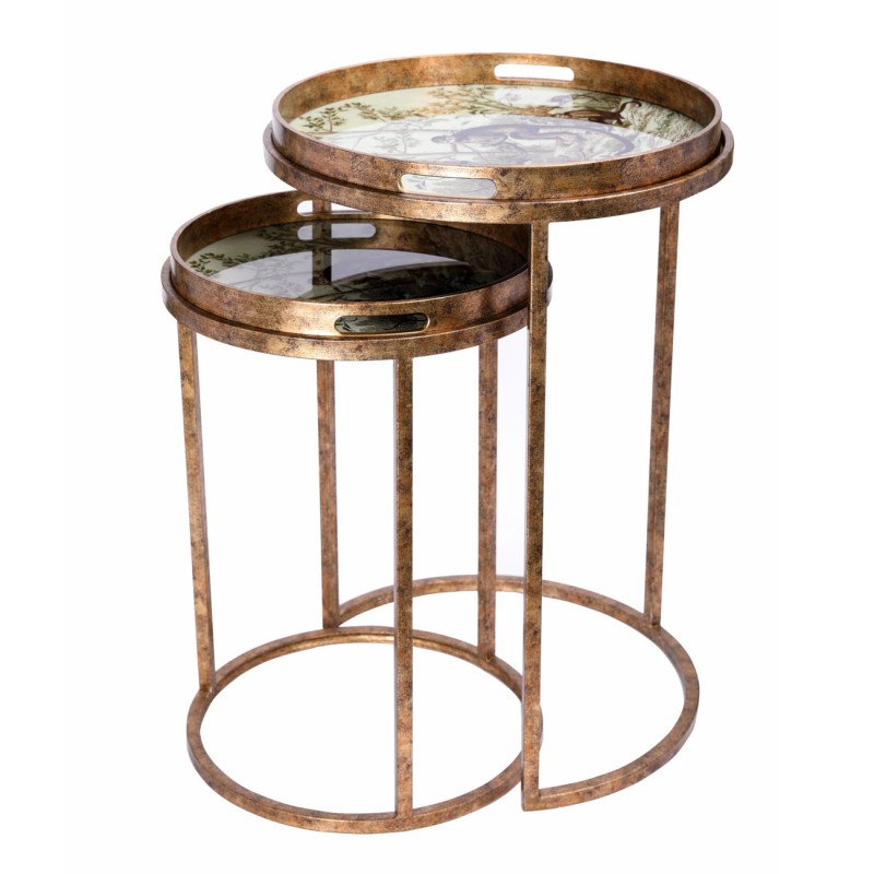 Dwa stoliki Monkey ze zdejmowanym blatem taca wykończone w kolorze starego złota