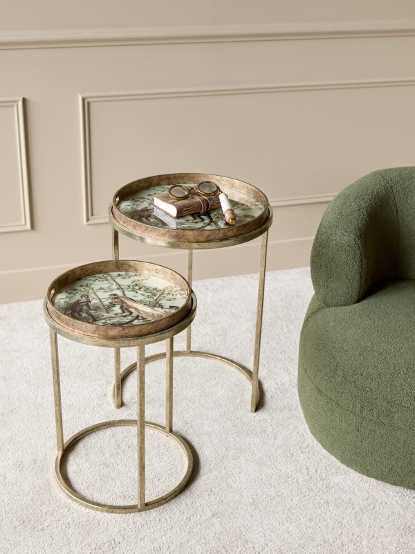 Dwa stoliki Monkey ze zdejmowanym blatem taca wykończone w kolorze starego złota