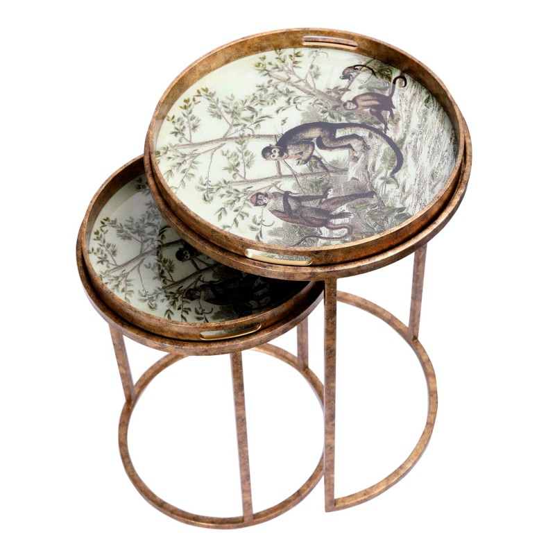 Dwa stoliki Monkey ze zdejmowanym blatem taca wykończone w kolorze starego złota