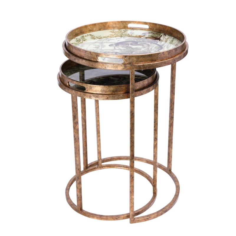 Dwa stoliki Monkey ze zdejmowanym blatem taca wykończone w kolorze starego złota