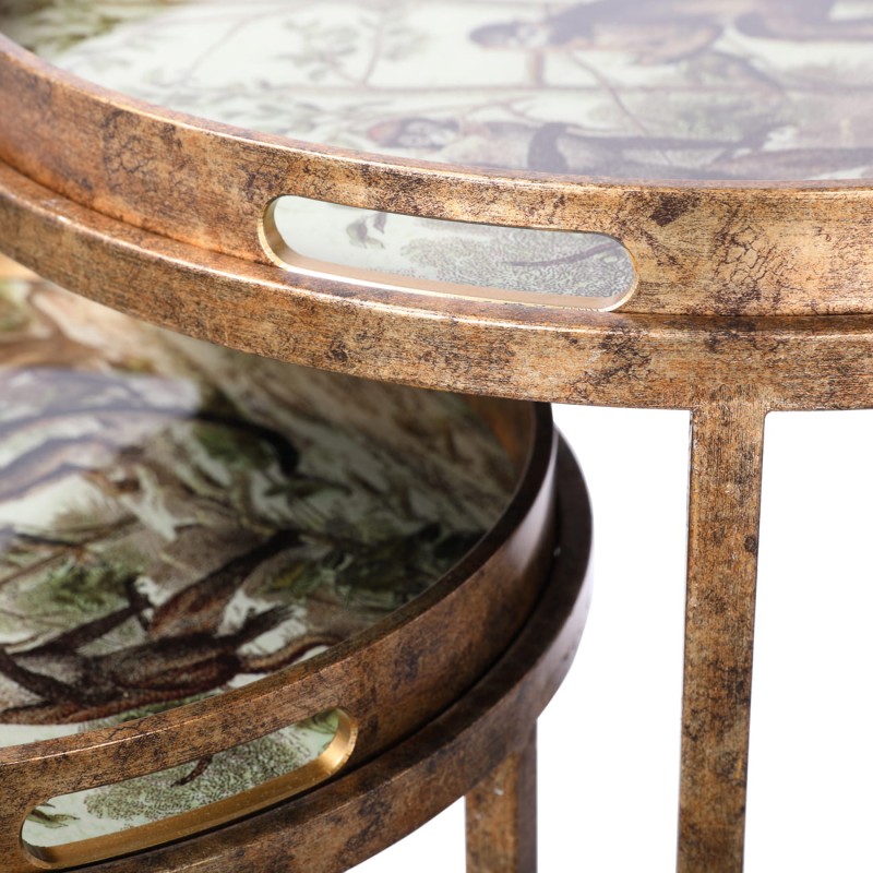 Dwa stoliki Monkey ze zdejmowanym blatem taca wykończone w kolorze starego złota