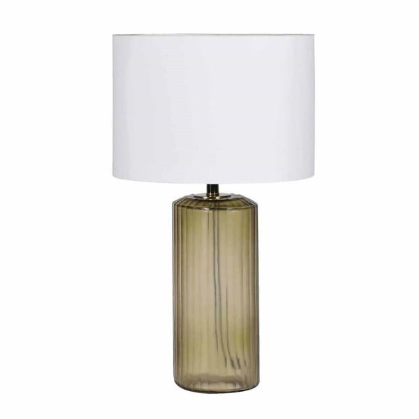 Szklana lampa stołowa 74 cm z zieloną podstawą i białym lnianym abażurem