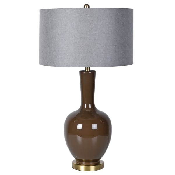 Brązowa lampa stołowa ceramiczna Elegance Brown 82 cm brązowa lampa na komodę z szarym abażurem