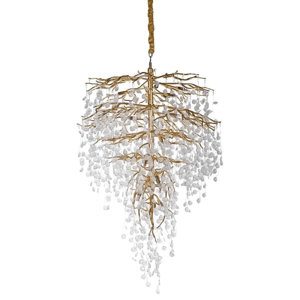 Złoty żyrandol do salonu lub jadalni Innov Rainfall 130 cm długości szklane krople złota rama