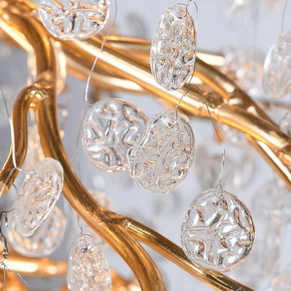 Złoty żyrandol do salonu lub jadalni Innov Rainfall 130 cm długości szklane krople złota rama