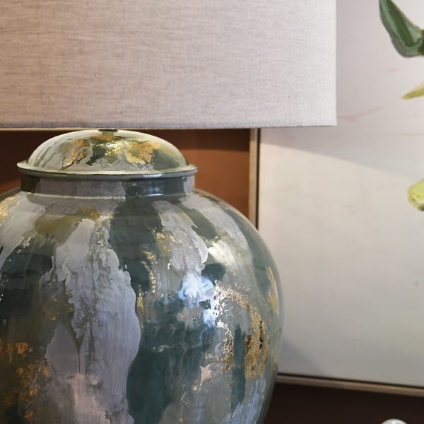 Duża lampa stołowa Greenwich 73 cm beżowy abażur lniany malowana podstawa