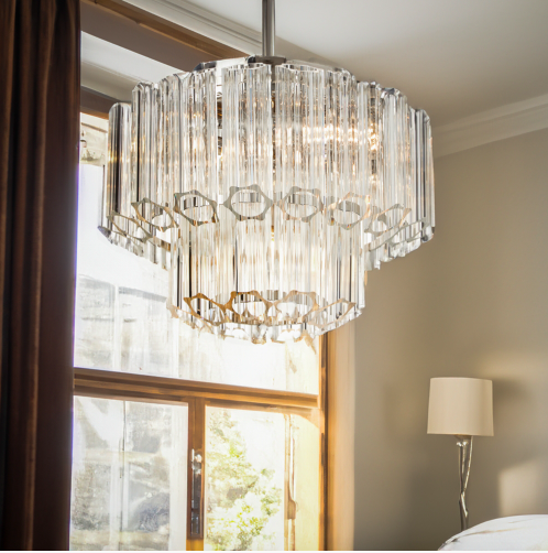 Żyrandol Nasser Silver 34 cm średnicy szklane panele dwupoziomowy