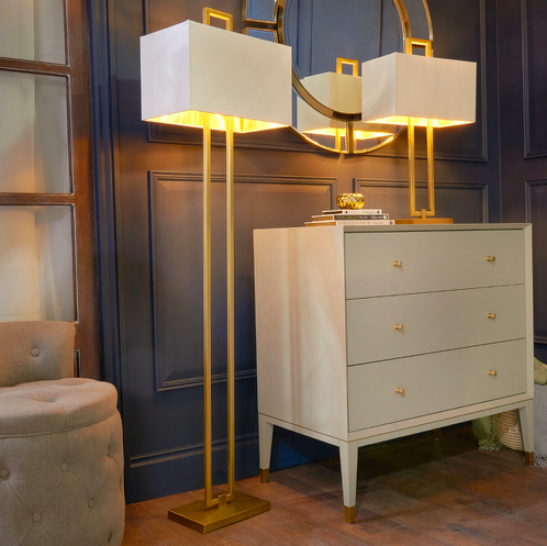 Złota lampa stojący Danby Royal 158 cm złota podstawa z białym abażurem