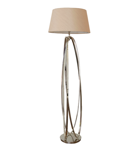 Elegancka lampa stojąca Akira 156 cm srebrna podstawa beżowy abażur