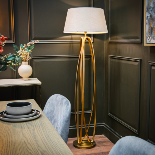 Elegancka lampa stojąca Brisa 156 cm mosiężna podstawa beżowy abażur