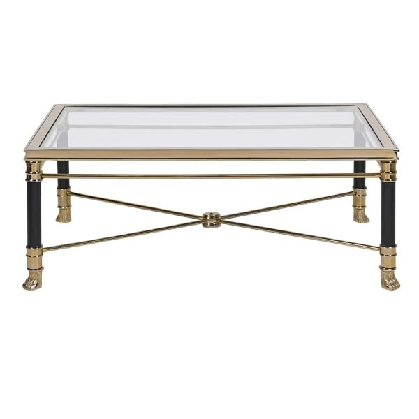Stolik kawowy Foo 101 cm prostokątny szklany blat stal nierdzewna złoto i czerń