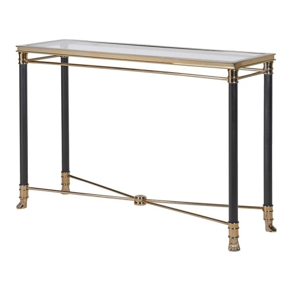 Konsola Foo 121 cm prostokątny szklany blat stal nierdzewna złoto i czerń