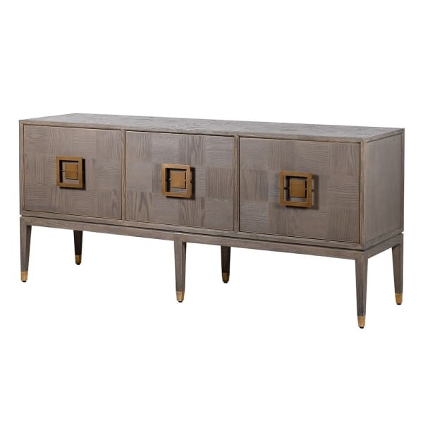 Komoda do salonu Camile Oak 193 cm szary dąb detale w odcieniu mosiądzu