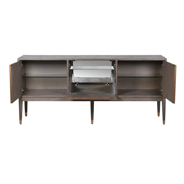 Komoda do salonu Camile Oak 193 cm szary dąb detale w odcieniu mosiądzu