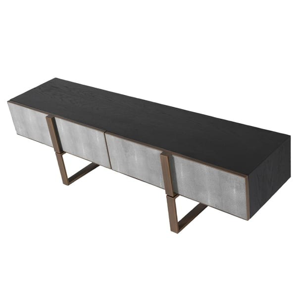 Szafka RTV Enderby II 180 cm komoda pod telewizor szary szagryn dąb złote detale żelazo