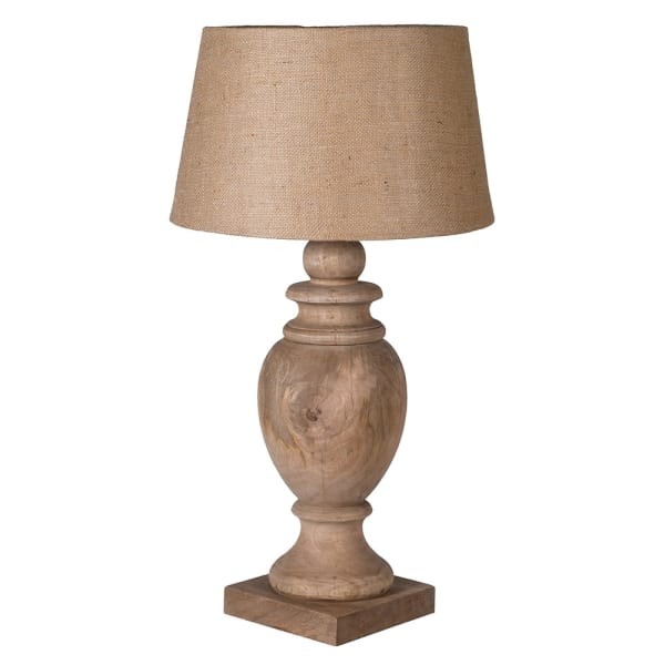 Duża drewniana lampa stołowa Manila 93 cm drewno mango abażur  juta