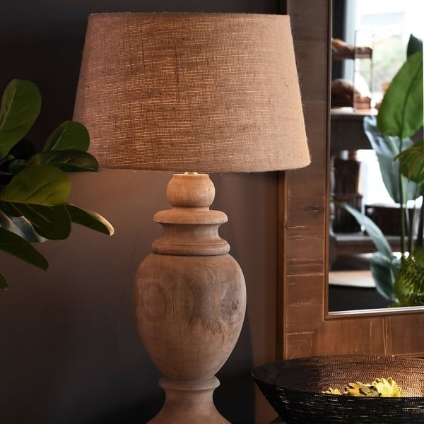 Duża drewniana lampa stołowa Manila 93 cm drewno mango abażur  juta