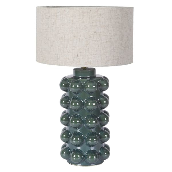 Zielona lampa stołowa Bobble 65 cm ceramiczna podstawa lniany abażur