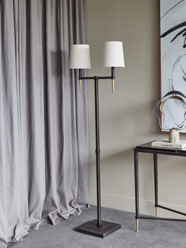 Lampa podłogowa Stella 166 cm - dwa ramiona czerń i złoto lniane abażury