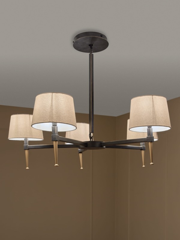 Żyrandol świecznikowy Stella 5 ramion czerń i złoto lniane abażury