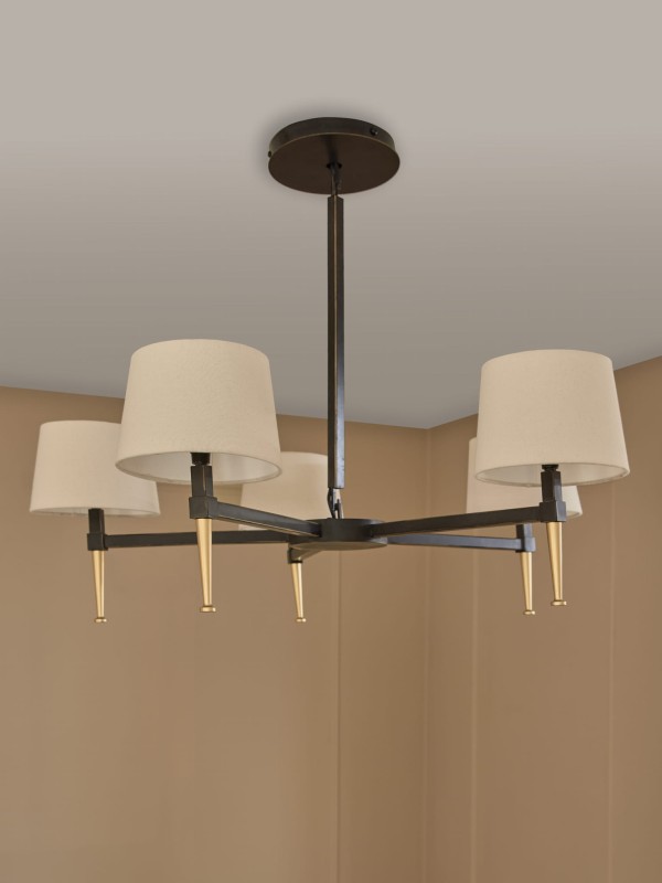 Żyrandol świecznikowy Stella 5 ramion czerń i złoto lniane abażury