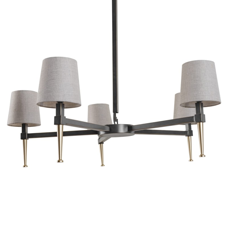 Żyrandol świecznikowy Stella 5 ramion czerń i złoto lniane abażury