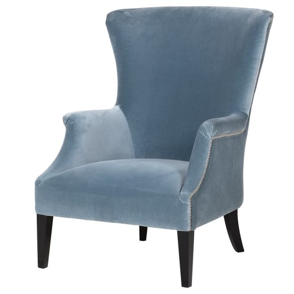 Niebieski fotel Eaton Elegance 104 cm wygodny fotel do salonu velvet bawełna drewniane nóżki