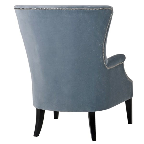 Niebieski fotel Eaton Elegance 104 cm wygodny fotel do salonu velvet bawełna drewniane nóżki