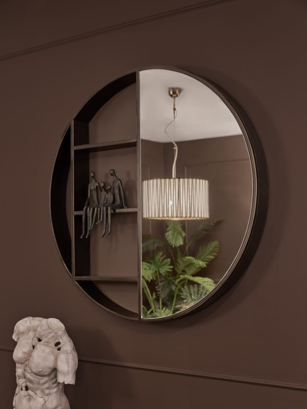 Półka na ścianę Primrose Bronze 100 cm średnicy półka z lustrem