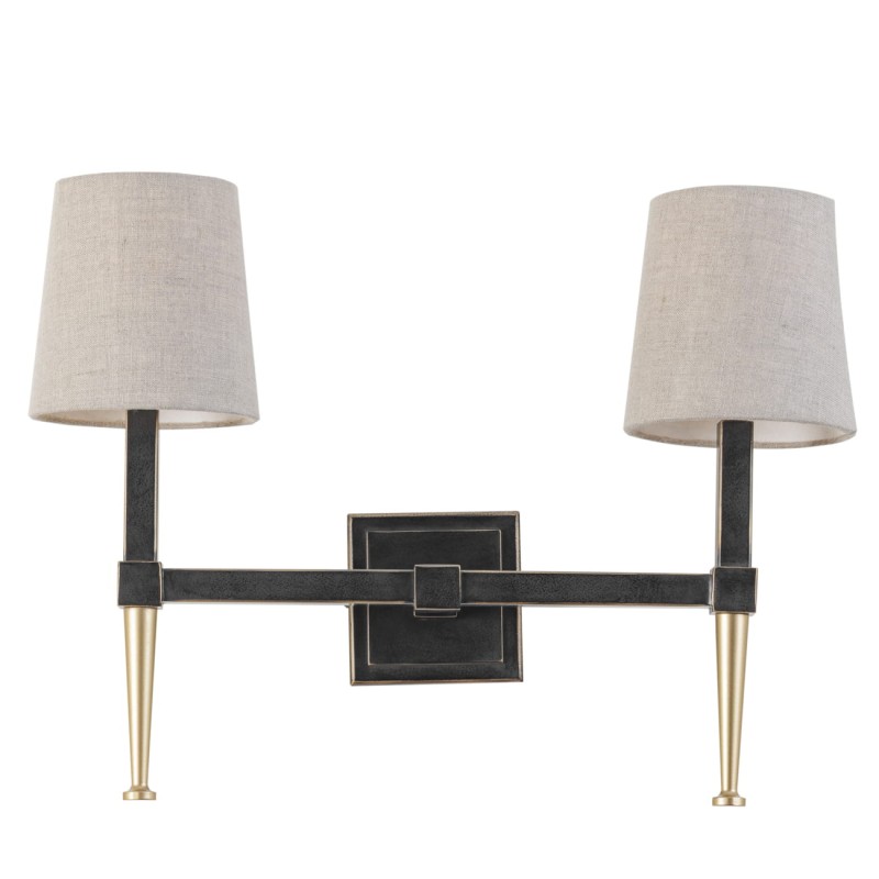 Lampa ścienna kinkiet Stella 2 ramiona czerń i złoto dwa lniane abażury