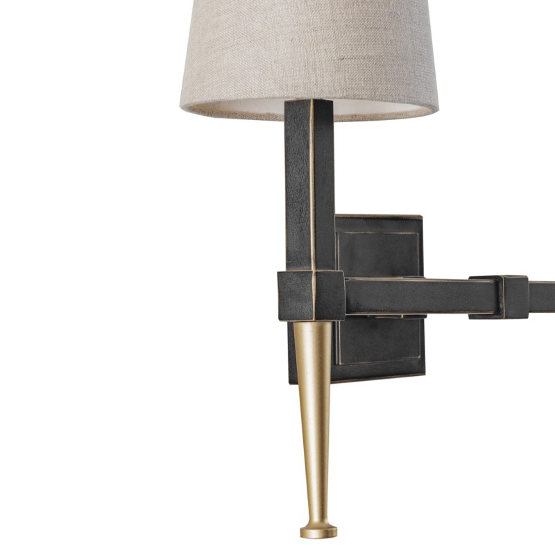 Lampa ścienna kinkiet Stella 2 ramiona czerń i złoto dwa lniane abażury