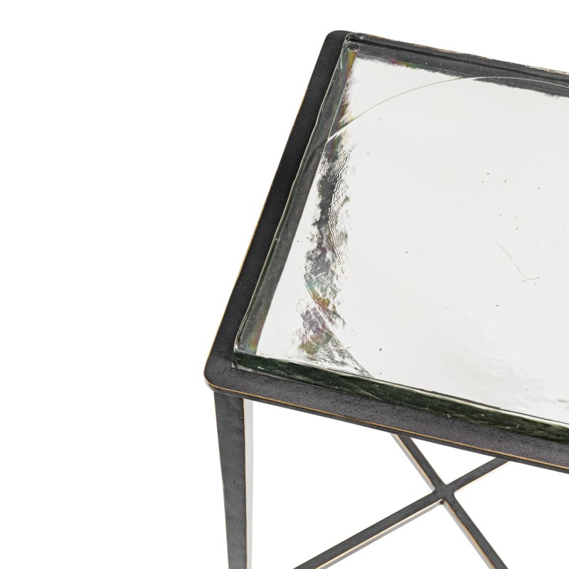 Kwadratowy stolik pomocniczy Stella 60 cm szklany blat czarno złota podstawa żelazna