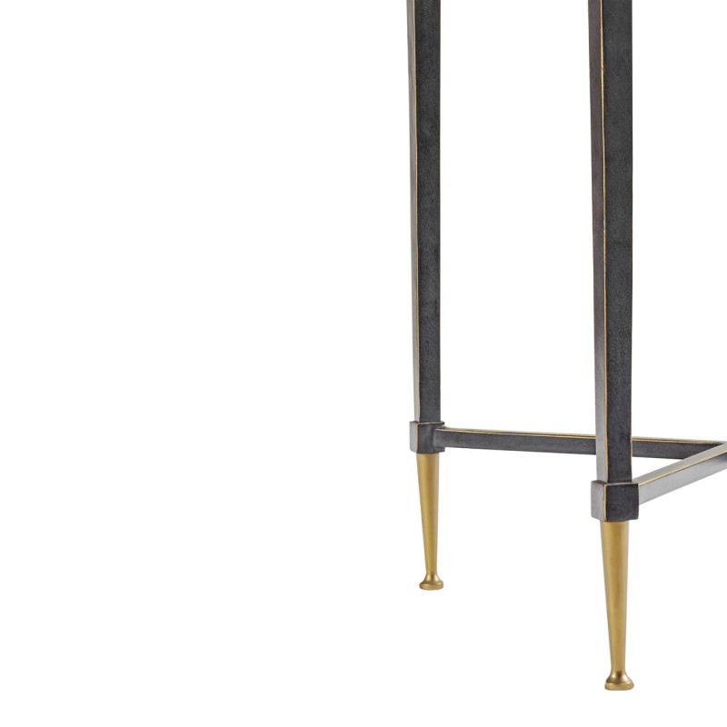 Kwadratowy stolik pomocniczy Stella 60 cm szklany blat czarno złota podstawa żelazna
